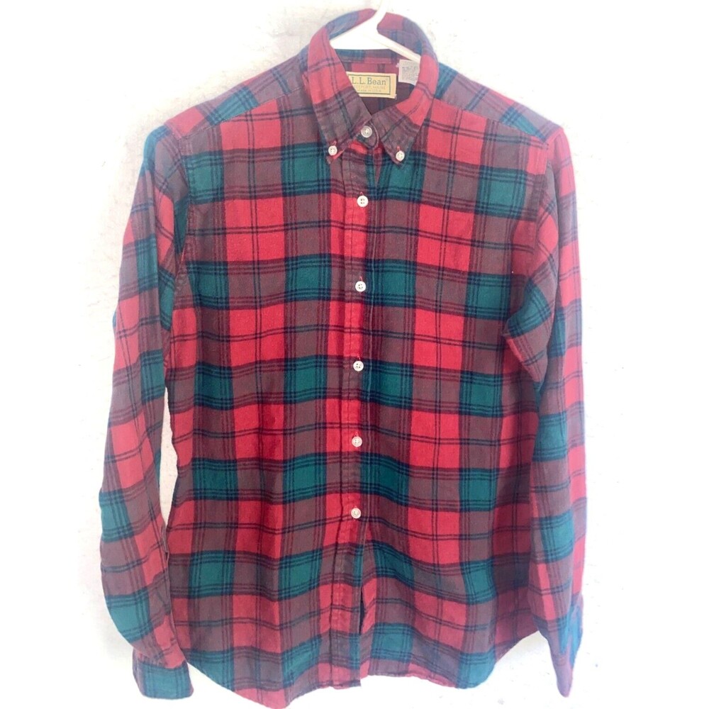 VTG LL Bean Shirt Long Sleeve Red Plaid Flannel Outdoor Cotton USA made Womens 8